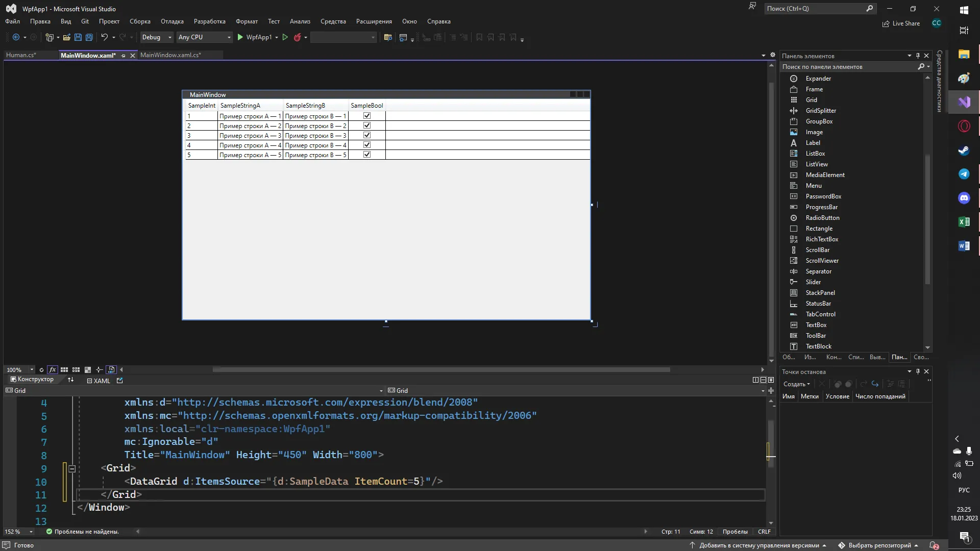 DataGrid с тестовыми данными SampleInt, SampleStringA, SampleStringB в Visual Studio