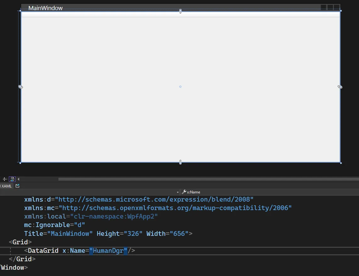 Visual Studio с MainWindow: пустой DataGrid, XAML внизу с DataGrid x:Name=HumanDgr