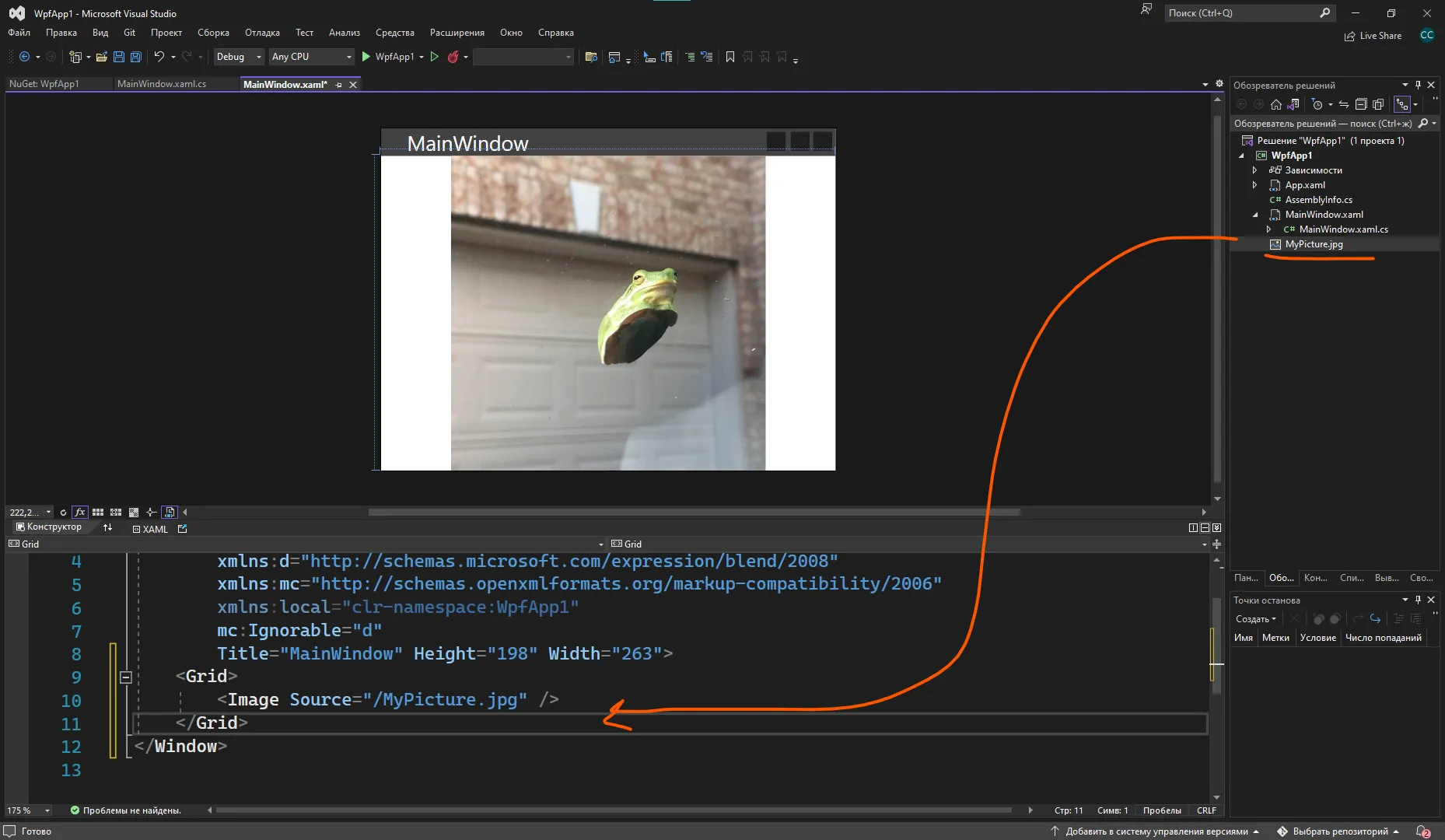 VS XAML: окно с картинкой лягушки, обозреватель решений с MyPicture.jpg, стрелка от файла к Image Source