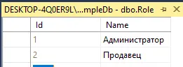 Таблица Role в SSMS: Id 1 Администратор, Id 2 Продавец