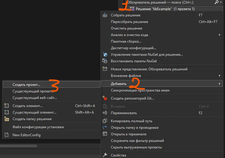 Контекстное меню по ПКМ на решении: рукописные оранжевые цифры 1 (Решение), 2 (Добавить), 3 (Создать проект...)