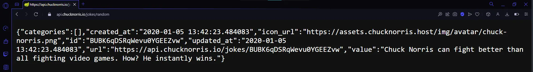 Браузер с открытым api.chucknorris.io/jokes/random — JSON-ответ с полями categories, created_at, icon_url, id, updated_at, url, value