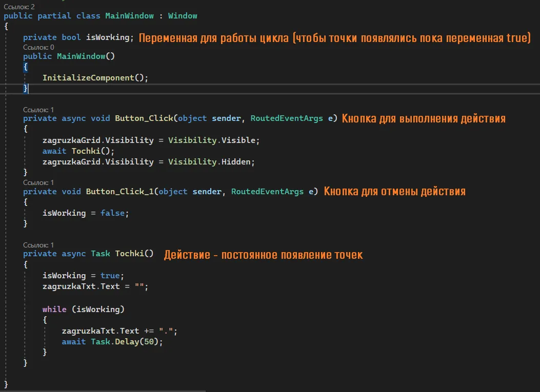 Код из предыдущей лекции: private bool isWorking, Button_Click с await Tochki(), Button_Click_1 с isWorking = false, async Task Tochki с while(isWorking) — оранжевые подписи к каждому методу