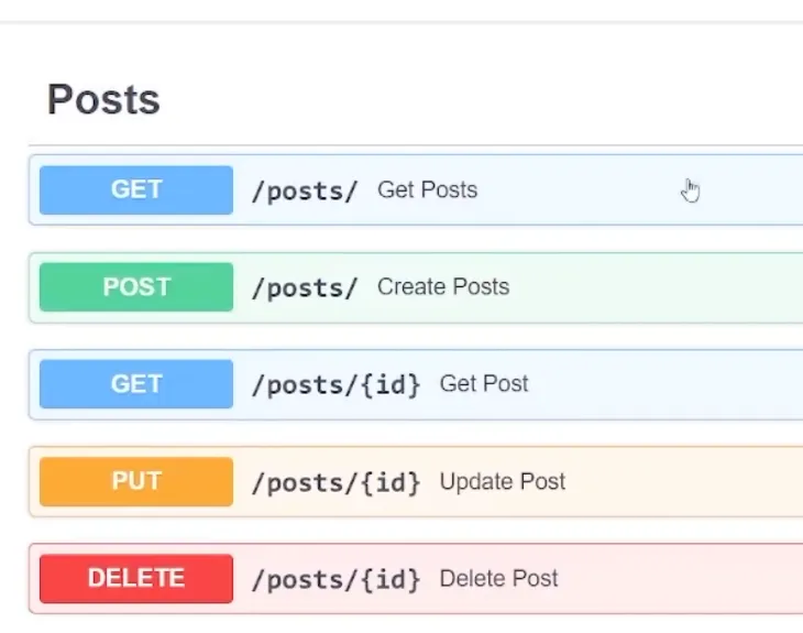 Список API-методов «Posts»: GET /posts/ Get Posts, POST /posts/ Create Posts, GET /posts/id Get Post, PUT /posts/id Update Post, DELETE /posts/id Delete Post