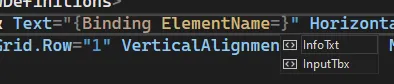 IntelliSense предлагает имена элементов после ElementName=