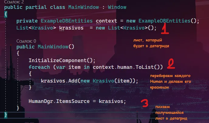 Код MainWindow: context инициализация, лист Krasivo с именем krasivos, в конструкторе foreach по context.human.ToList() с krasivos.Add(new Krasivo(item)) и HumanDgr.ItemsSource = krasivos — оранжевые подписи «лист, который будет в датагриде», «перебираем каждого Human и делаем его красивым», «пихаем получившийся лист в датагрид»