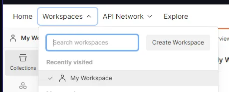 Postman: dropdown Workspaces с пунктами Search workspaces, Recently visited, My Workspace