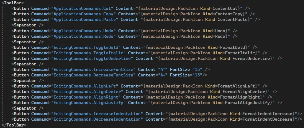 XAML с длинным ToolBar и набором Button с командами x:Static ApplicationCommands.Cut, ToggleBold, ToggleItalic, AlignLeft, AlignRight, IncreaseIndentation и т.д.