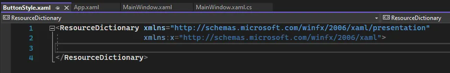 Файл ButtonStyle.xaml в редакторе — пустой ResourceDictionary с xmlns-объявлениями