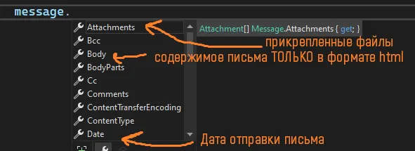 IntelliSense message со списком свойств: Attachments (оранжевая подпись «прикрепленные файлы»), Bcc, Body («содержимое письма ТОЛЬКО в формате html»), BodyParts, Cc, Comments, ContentTransferEncoding, ContentType, Date («Дата отправки письма»)
