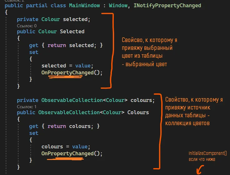 Два свойства — Selected (Colour) и Colours (ObservableCollection) — с рукописными подписями «Свойство, к которому я привяжу выбранный цвет из таблицы»