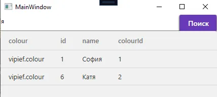 Окно MainWindow: TextBox с текстом «я», кнопка «Поиск», DataGrid с двумя строками — София и Катя