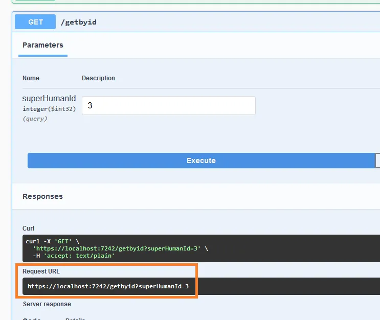 Swagger: GET /getbyid с полем superHumanId integer query со значением 3, Request URL https://localhost:7242/getbyid?superHumanId=3 — подсвечено оранжевой рамкой