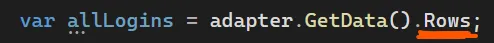 Код var allLogins = adapter.GetData().Rows; — оранжевое подчёркивание .Rows