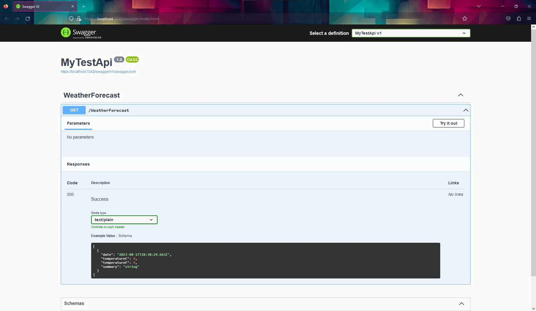 Swagger UI «MyTestApi 1.0»: GET /WeatherForecast с разделом Parameters (No parameters) и Responses 200 Success с примером JSON массива