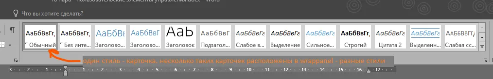 Панель стилей Word с миниатюрами Аа, рукописная оранжевая подпись «один стиль — карточка, несколько таких карточек расположены в wrappanel — разные стили»