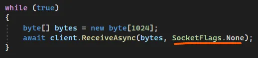 Код await client.ReceiveAsync(bytes, SocketFlags.None); — оранжевое подчёркивание SocketFlags.None