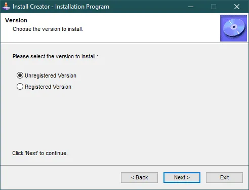 Install Creator — Installation Program: окно «Version. Choose the version to install» с радиокнопками Unregistered Version (выбрано) и Registered Version