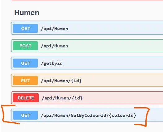 Раздел Humen в Swagger: GET/POST/GET/PUT/DELETE стандартные эндпоинты, плюс снизу выделенный оранжевыми скобками GET для маршрута api/Humen/GetByColourId с параметром colourId