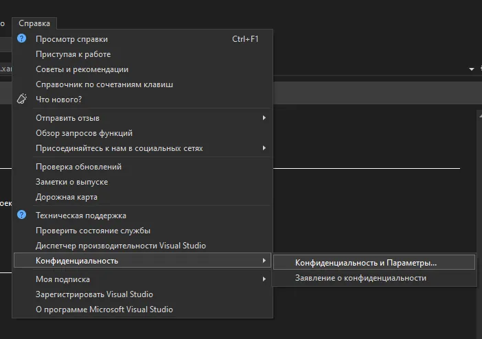 Меню «Справка» в Visual Studio: пункт «Конфиденциальность» раскрыт, внутри «Конфиденциальность и Параметры...» и «Заявление о конфиденциальности»
