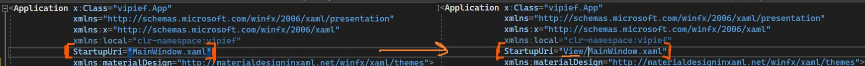 Сравнение «до» (StartupUri MainWindow.xaml) и «после» (StartupUri View MainWindow.xaml) со стрелкой