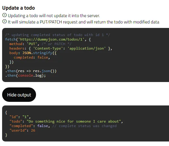 Документация dummyjson: «Update a todo» с предупреждением «Updating a todo will not update it into the server. It will simulate a PUT/PATCH request» и пример fetch с PUT-запросом