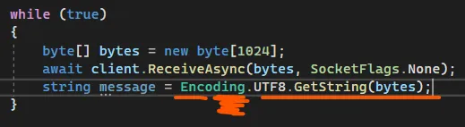 Код string message = Encoding.UTF8.GetString(bytes); — оранжевое подчёркивание Encoding.UTF8.GetString(bytes)