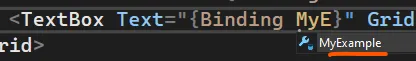 XAML с Text «Binding MyE» и IntelliSense, предлагающим MyExample
