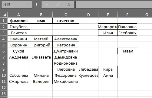 Excel «ок.xlsx»: колонки фамилия/имя/отчество, разные строки заполнены через одну, есть значения в дополнительных колонках без заголовка