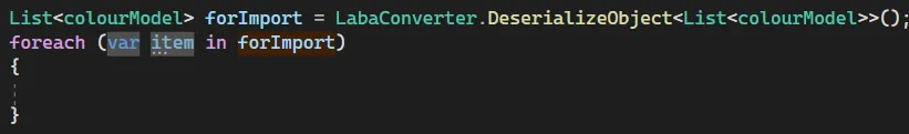 Код: получение forImport через LabaConverter.DeserializeObject и пустой foreach (var item in forImport)