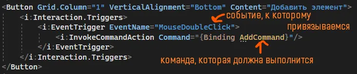 XAML Button с Interaction.Triggers, EventTrigger MouseDoubleClick и InvokeCommandAction Binding AddCommand — рукописные подписи «событие, к которому привязываемся» и «команда, которая должна выполниться»