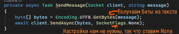 Код SendMessage: byte[] bytes = Encoding.UTF8.GetBytes(message); await client.SendAsync(bytes, SocketFlags.None); — оранжевые подписи «Получаем биты из текста», «Настройки нам не нужны, так что ставим None»
