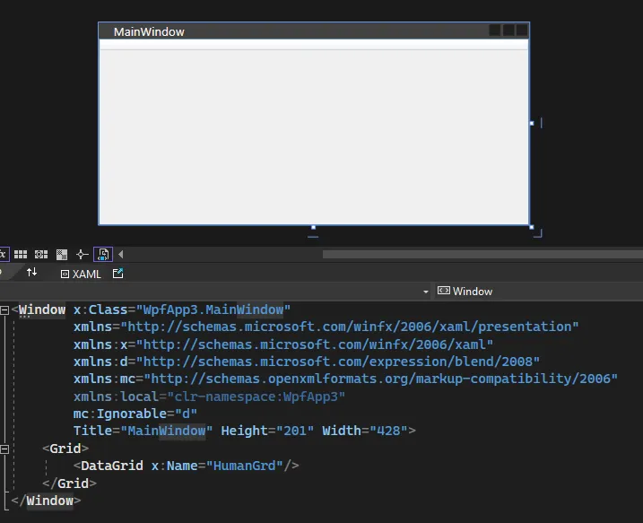 Visual Studio с MainWindow и пустым DataGrid x:Name=HumanGrd, XAML внизу