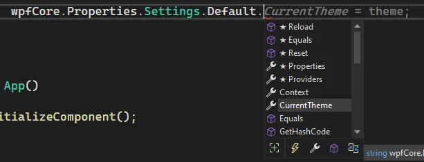 IntelliSense над wpfCore.Properties.Settings.Default. показывает список доступных полей, включая CurrentTheme