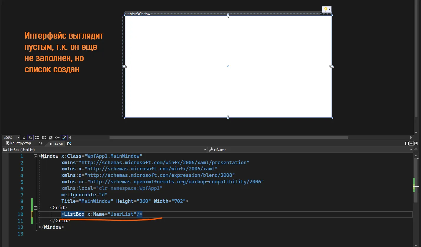 Пустой MainWindow и XAML с ListBox x:Name=UserList — рукописная подпись «Интерфейс выглядит пустым, т.к. он ещё не заполнен, но список создан»