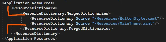 App.xaml: внутри Application.Resources есть ResourceDictionary с ResourceDictionary.MergedDictionaries, внутри два словаря — ButtonStyle.xaml и MainTheme.xaml — оранжевые отметки слева