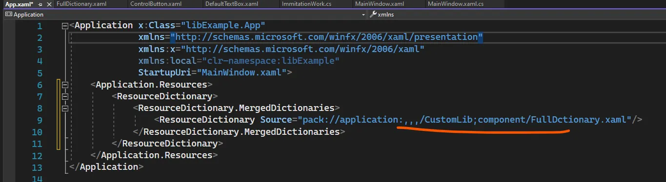 App.xaml с ResourceDictionary Source=«pack://application:,,,/CustomLib;component/FullDctionary.xaml» — оранжевое подчёркивание pack URI