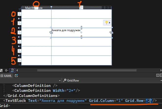 TextBlock перемещён в ячейку Grid.Column="1" Grid.Row="2", подпись нумерации строк/столбцов