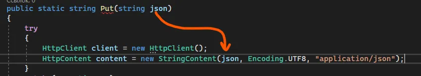 Код HttpContent content = new StringContent(json, Encoding.UTF8, «application/json»); — оранжевая стрелка от параметра json к содержимому