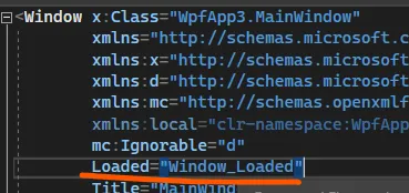 XAML Window с атрибутом Loaded=«Window_Loaded» (подчёркнуто оранжевым)