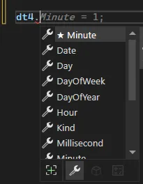 Список свойств DateTime в подсказках Visual Studio: Minute, Date, Day, DayOfWeek, DayOfYear, Hour, Kind, Millisecond