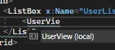 IntelliSense внутри ListBox предлагает UserView (local)