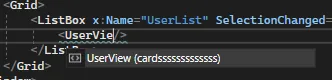 IntelliSense внутри ListBox предлагает UserView (cardsssssssss)