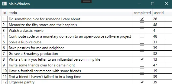 Окно MainWindow с DataGrid: id, todo (Do something nice..., Memorize the fifty states...), completed, userId — заполнено 12 строками