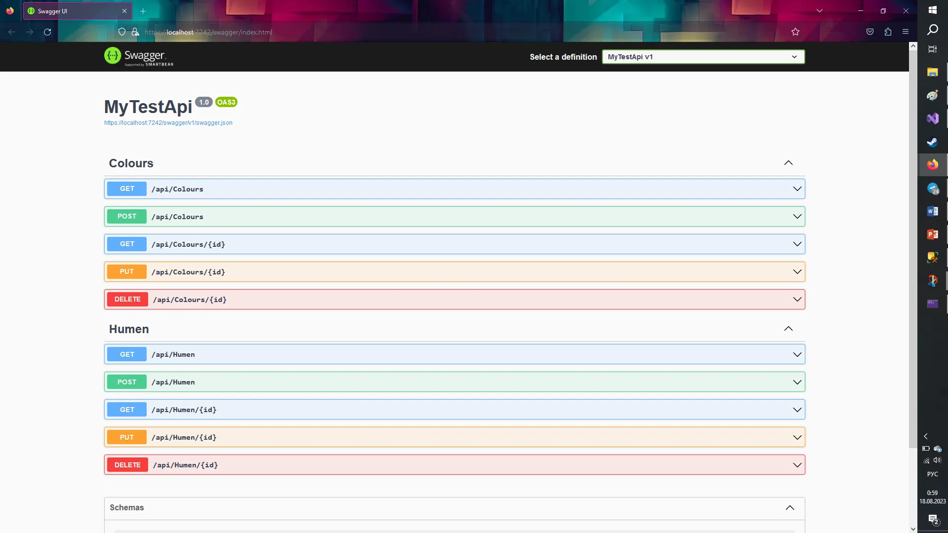 Swagger UI «MyTestApi 1.0» с двумя разделами Colours и Humen, в каждом по 5 методов — GET/POST/GET id/PUT/DELETE