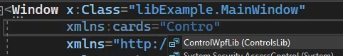 Окно MainWindow в XAML: набирается xmlns:cards=«Contro», IntelliSense предлагает ControlWpfLib (ControlsLib)