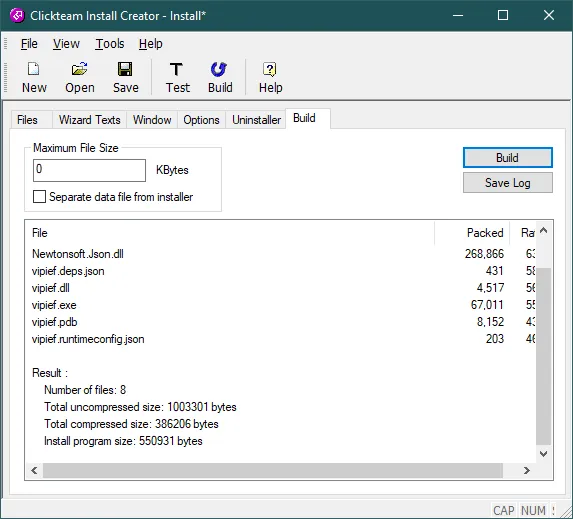 Clickteam Install Creator с вкладкой Build, списком файлов (Newtonsoft.Json.dll, vipief.exe и т.д.), показателями Packed/Ratio и Result с числом файлов, размером сжатого/несжатого пакета