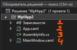 Обозреватель решений с четырьмя файлами проекта: Зависимости, App.xaml, AssemblyInfo.cs и MainWindow.xaml
