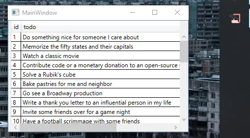 Запущенное приложение MainWindow с DataGrid: столбцы id и todo, заполнено заметками (Do something nice for someone I care about, Memorize the fifty states and their capitals, …)