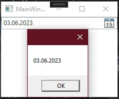 Окно с DatePicker: выбрано 03.06.2023, поверх — MessageBox с этим же значением